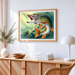 Pike fish with lure paint by numbers artwork displayed on wall as home decor
