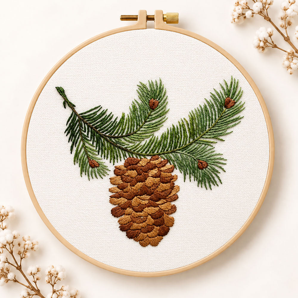 Pine branch and cone embroidery kit
