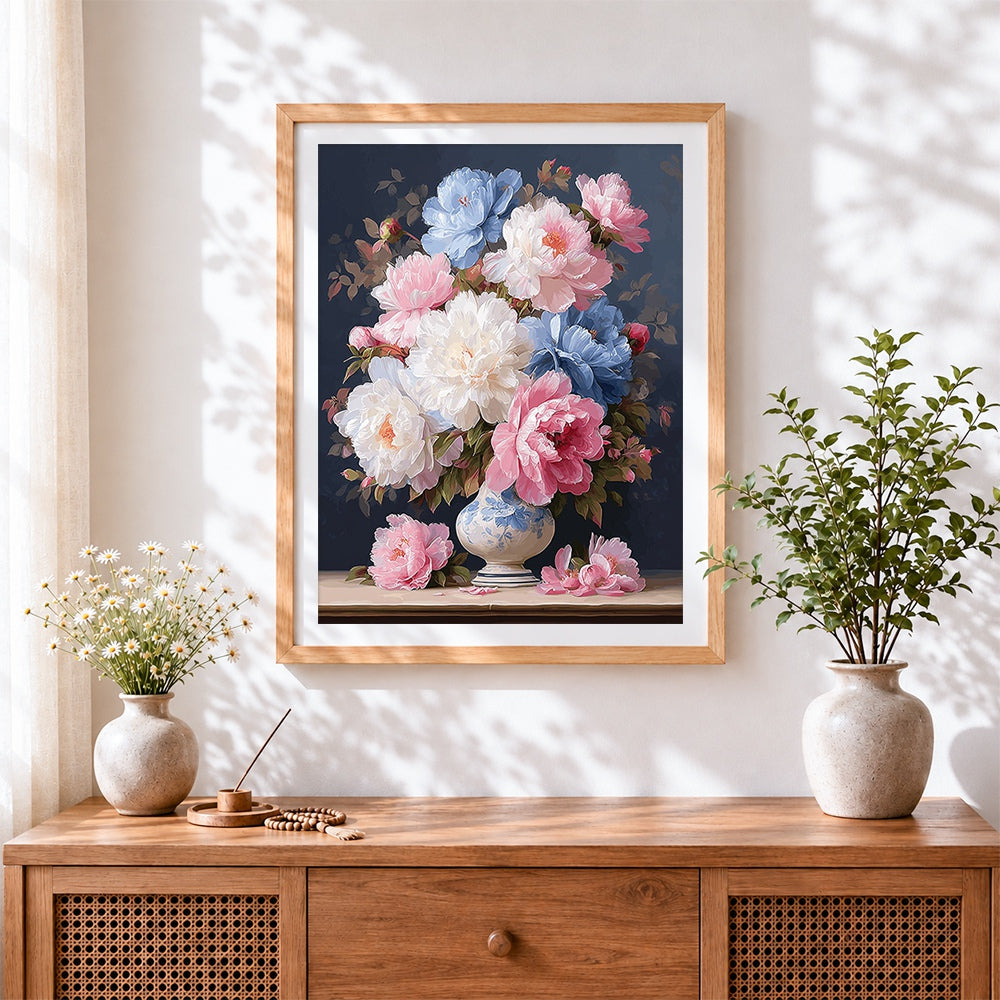 Finished pink and blue peonies in a chinoiserie vase cross stitch artwork displayed