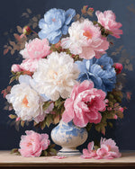 Pink and blue peonies in a chinoiserie vase cross stitch kit for beginners