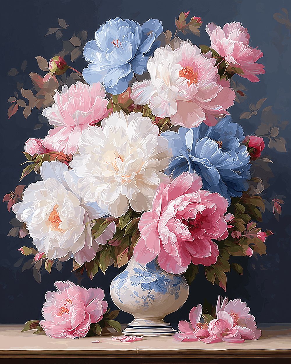 Pink and blue peonies in a chinoiserie vase cross stitch kit for beginners
