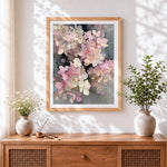 Finished pink and cream hydrangeas cross stitch artwork displayed