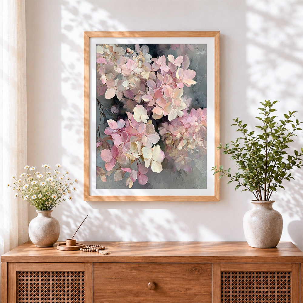 Finished pink and cream hydrangeas cross stitch artwork displayed