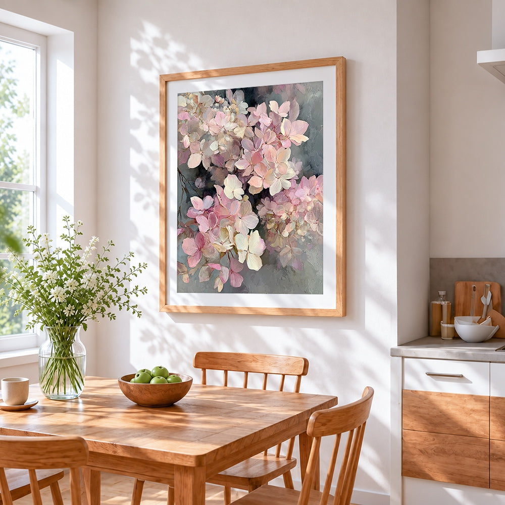 Pink and cream hydrangeas cross stitch artwork displayed on wall as home decor