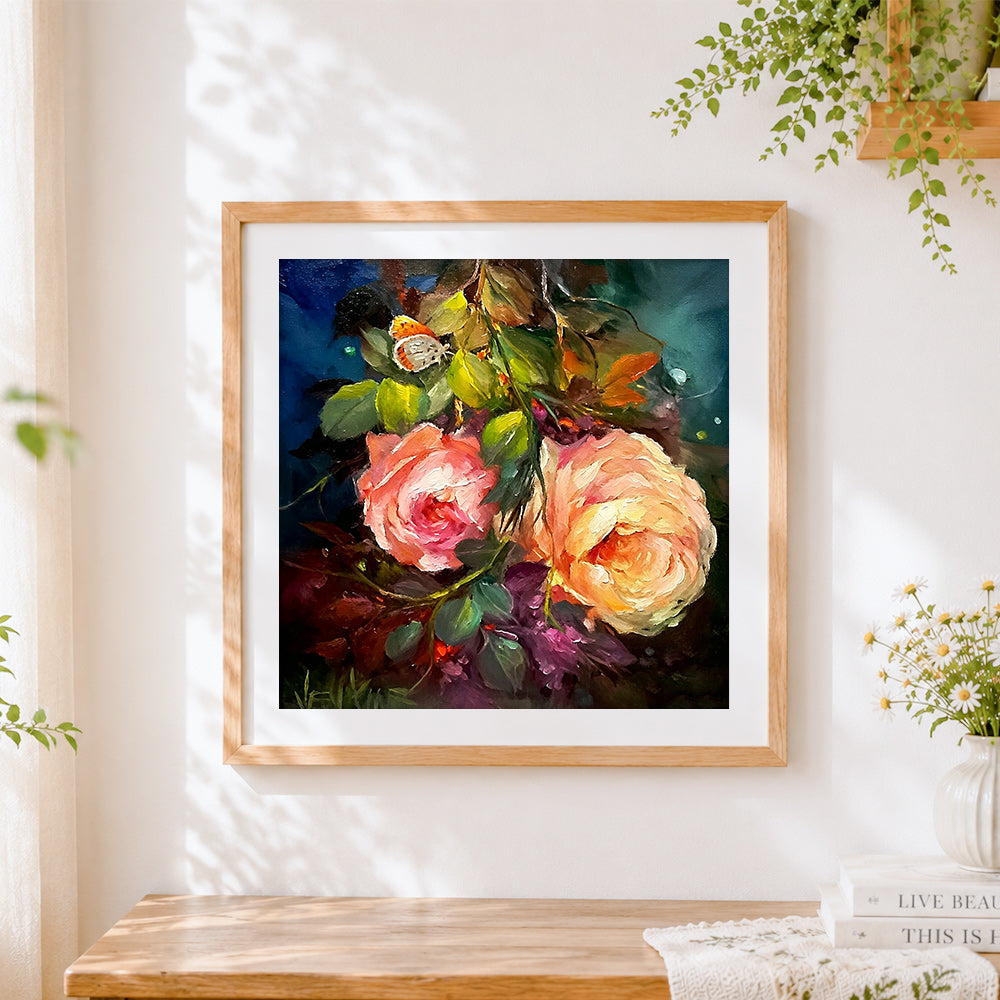 Finished pink and orange roses cross stitch artwork displayed