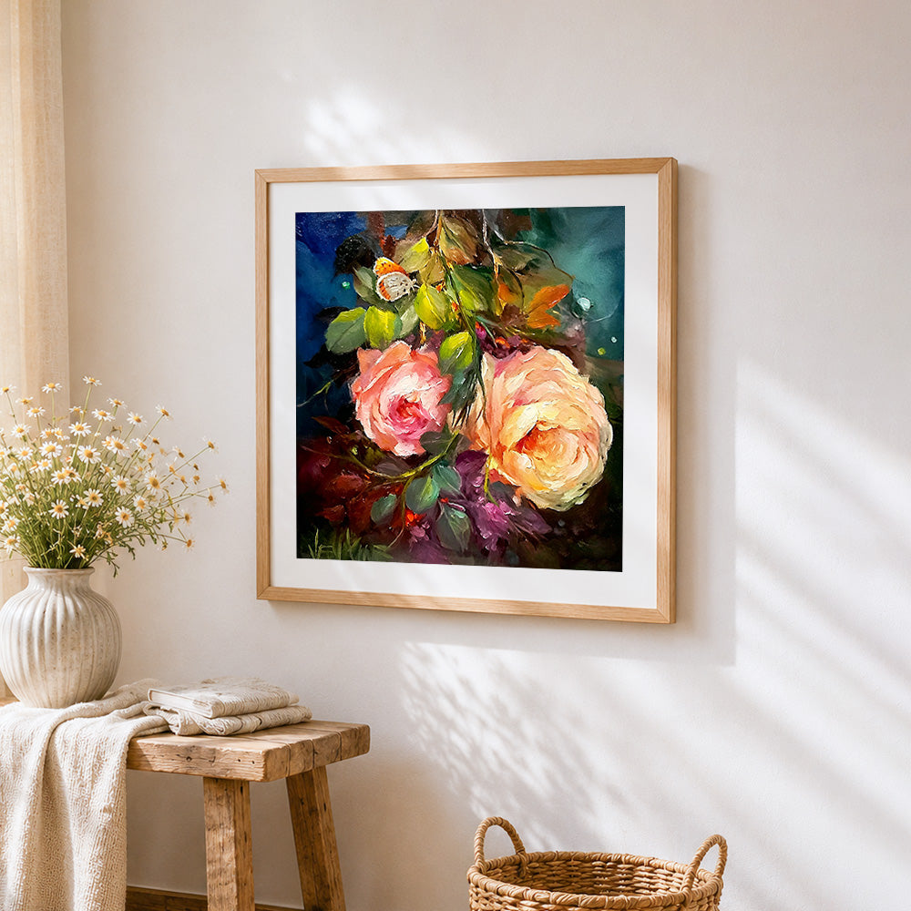 Pink and orange roses cross stitch artwork displayed on wall as home decor