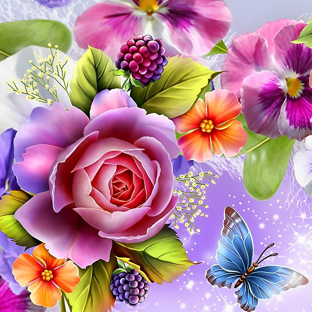 Pink and purple floral bouquet with blue butterfly cross stitch kit for beginners