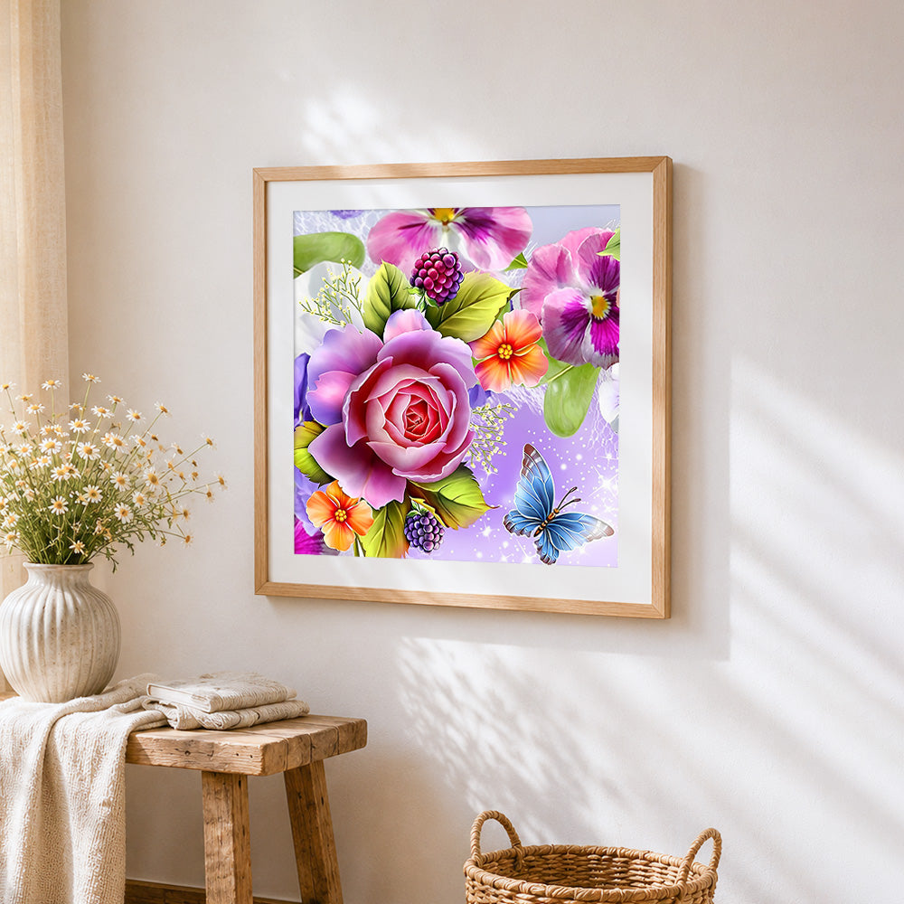 Pink and purple floral bouquet with blue butterfly cross stitch artwork displayed on wall as home decor