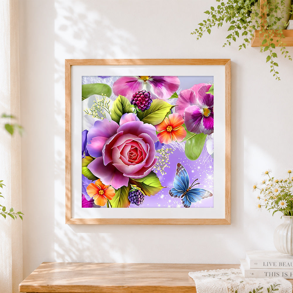 Finished pink and purple floral bouquet with blue butterfly paint by numbers artwork displayed as home decor