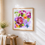 Pink and purple floral bouquet with blue butterfly paint by numbers artwork displayed on wall as home decor