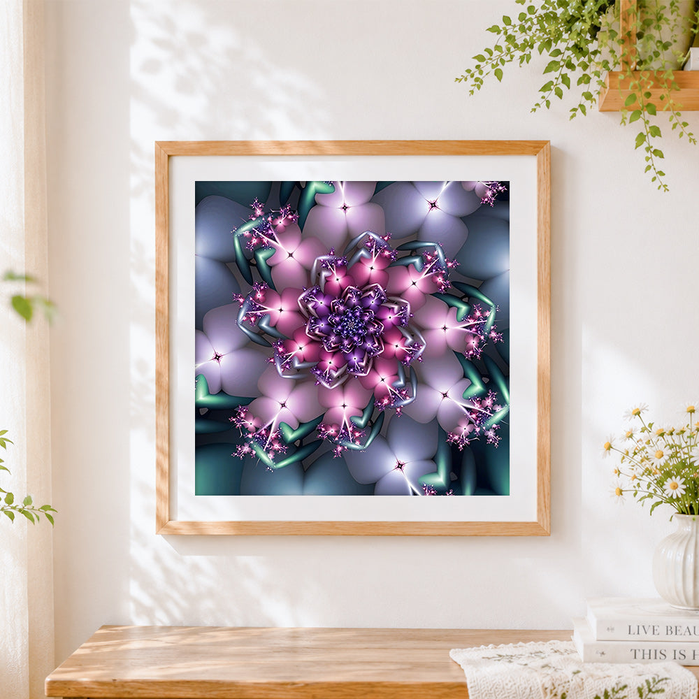 Finished pink and purple kaleidoscope mandala cross stitch artwork displayed