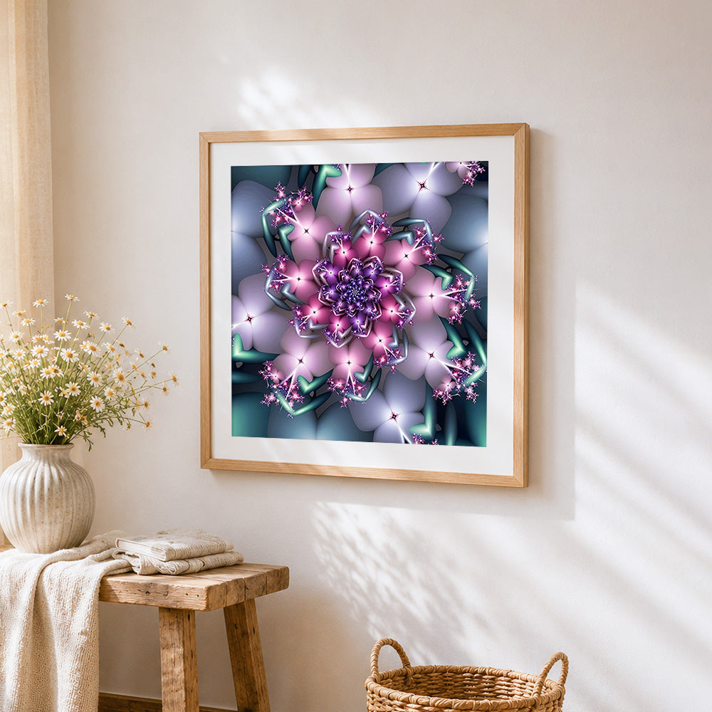 Pink and purple kaleidoscope mandala cross stitch artwork displayed on wall as home decor