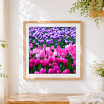 Finished pink and purple tulip field cross stitch artwork displayed
