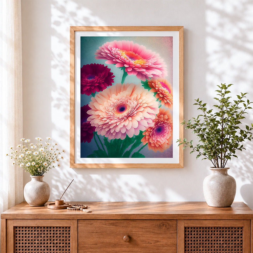 Finished pink and red gerbera daisies cross stitch artwork displayed