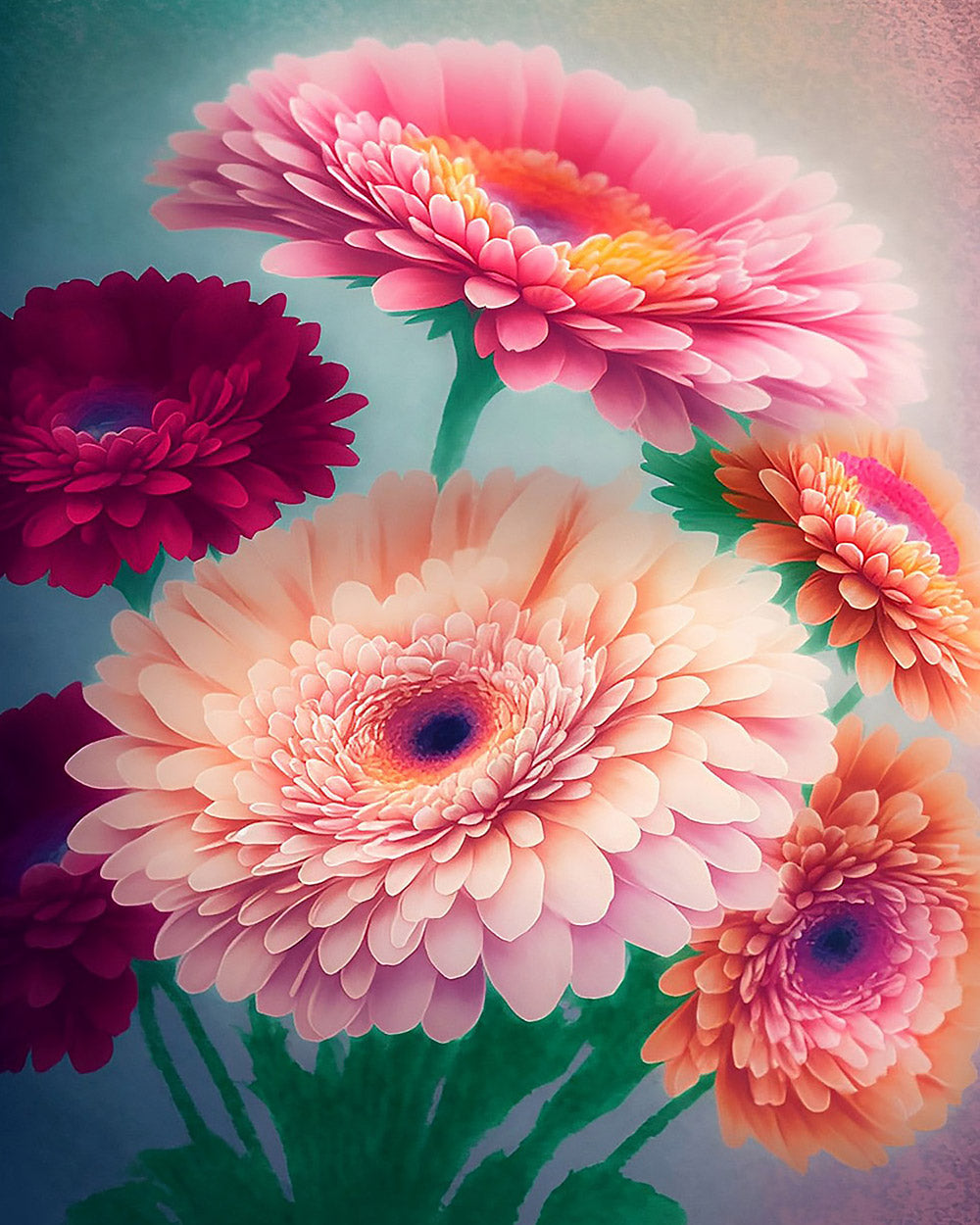 Pink and red gerbera daisies cross stitch kit for beginners