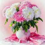 Pink and white chrysanthemums in a vase cross stitch kit for beginners