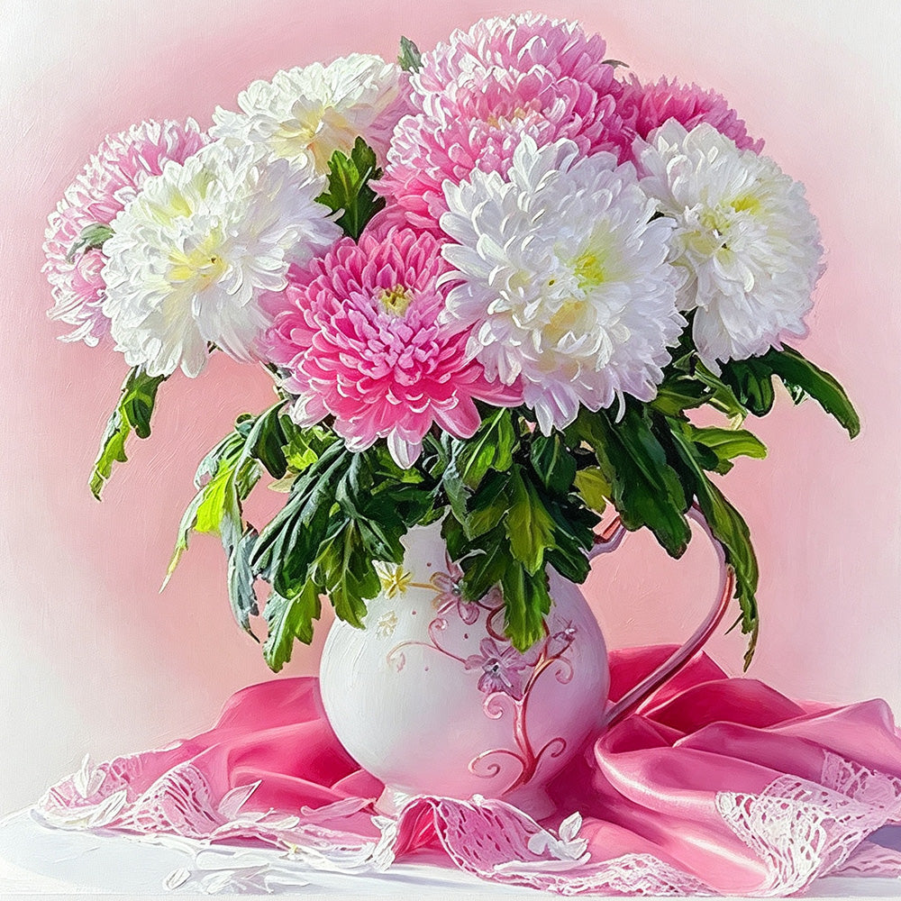 Pink and white chrysanthemums in a vase cross stitch kit for beginners