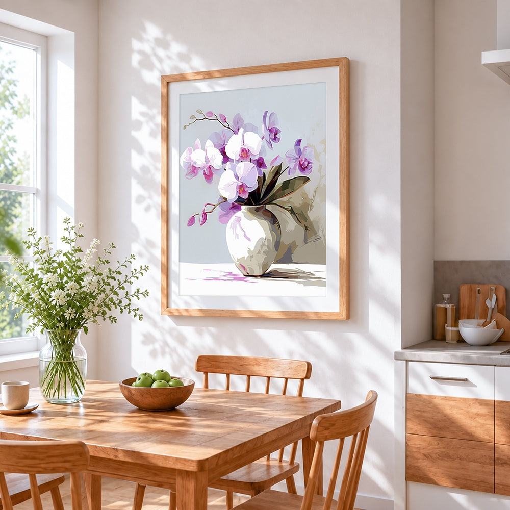 Pink and white orchids in a white vase cross stitch artwork displayed on wall as home decor