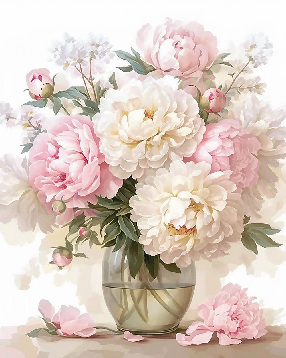 Pink and white peonies in a glass vase cross stitch kit for beginners