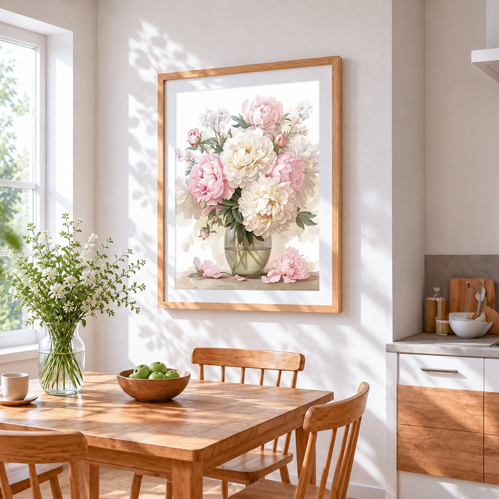 Pink and white peonies in a glass vase cross stitch artwork displayed on wall as home decor