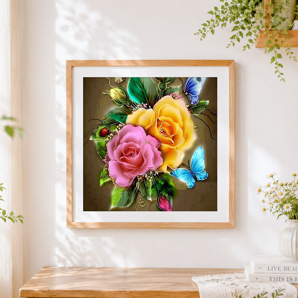 Finished pink and yellow roses with blue butterflies paint by numbers artwork displayed as home decor