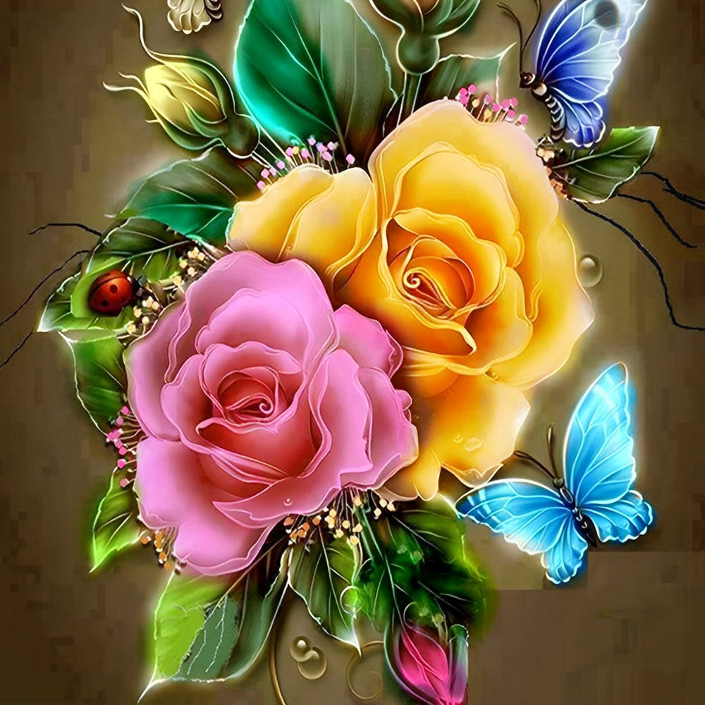 Pink and yellow roses with blue butterflies paint by numbers kit for beginners