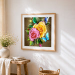 Pink and yellow roses with blue butterflies paint by numbers artwork displayed on wall as home decor