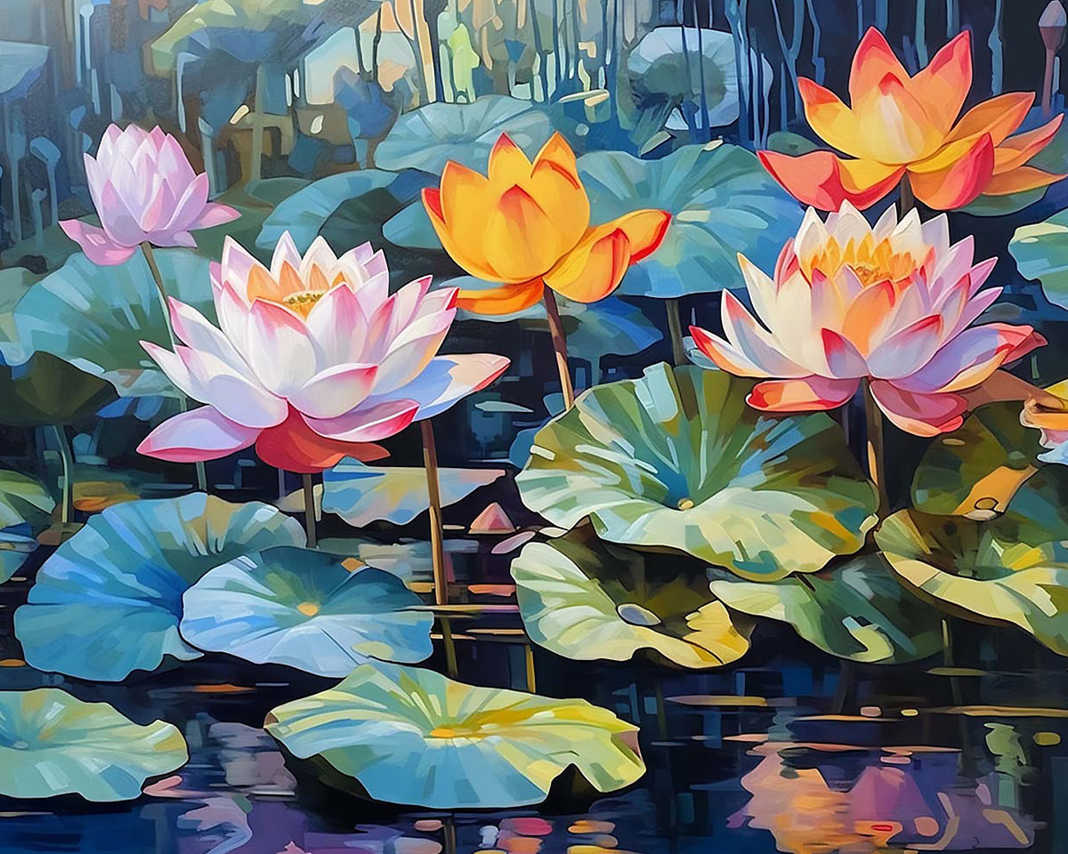 Pink and yellow water lilies cross stitch kit for beginners