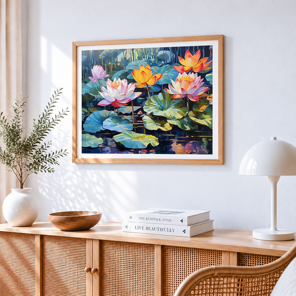 Pink and yellow water lilies cross stitch artwork displayed on wall as home decor