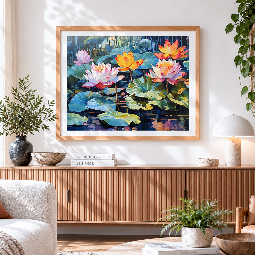 Finished pink and yellow water lilies paint by numbers artwork displayed as home decor
