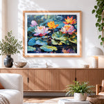 Finished pink and yellow water lilies paint by numbers artwork displayed as home decor