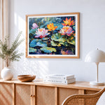 Pink and yellow water lilies paint by numbers artwork displayed on wall as home decor