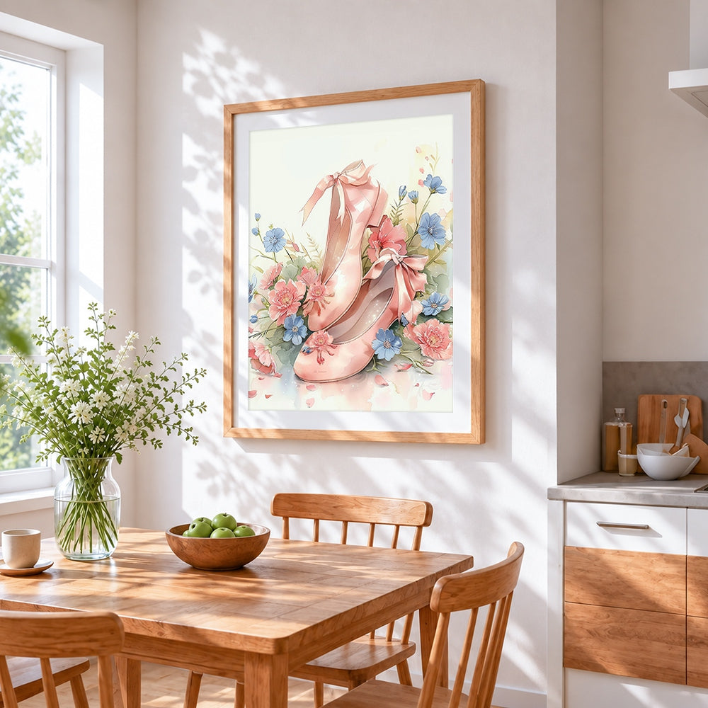 Pink ballet shoes and flowers cross stitch artwork displayed on wall as home decor