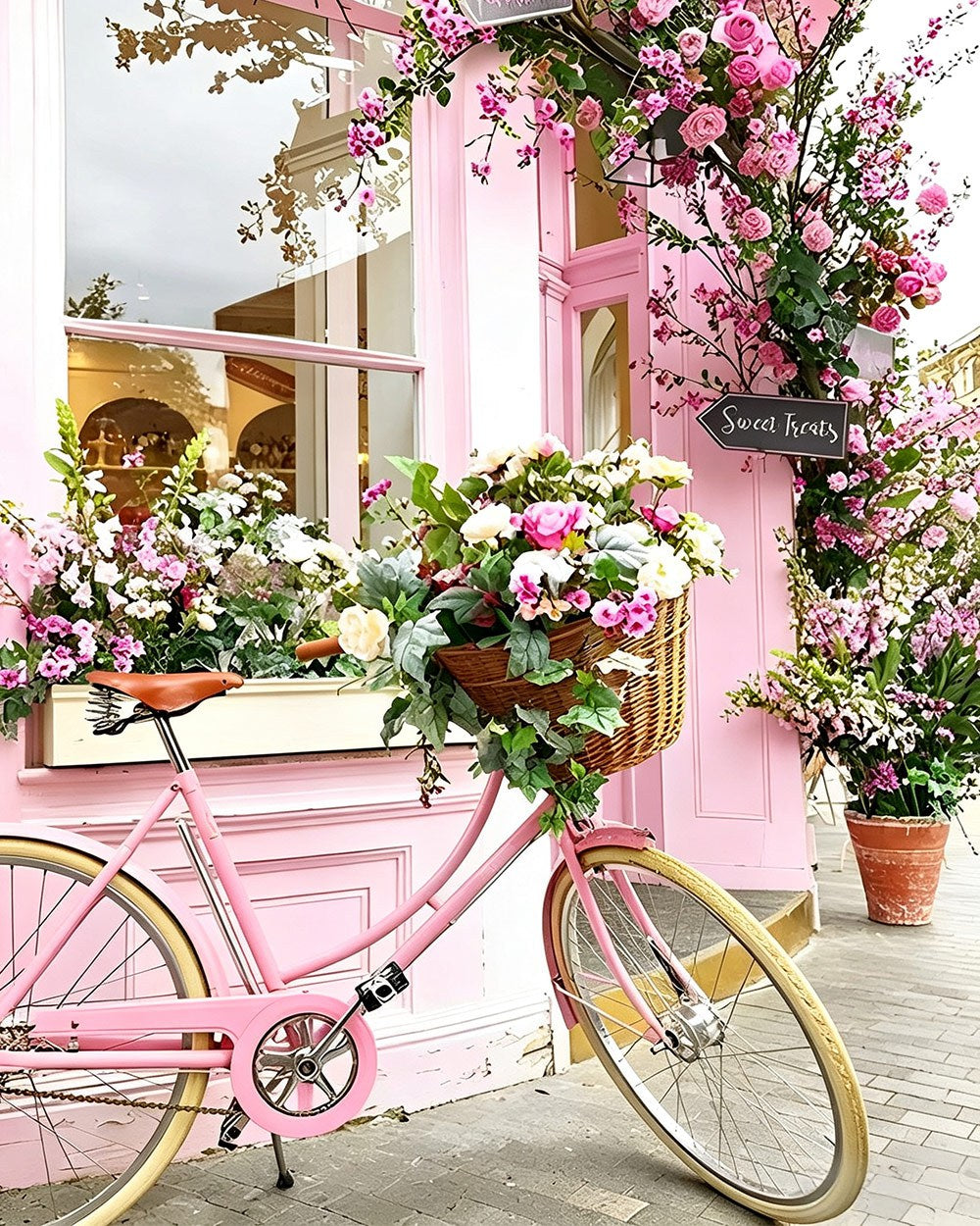 Pink bicycle with flower basket cross stitch kit for beginners