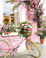 Pink bicycle with flower basket cross stitch kit for beginners