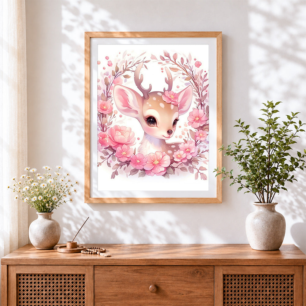 Finished pink blossom fawn portrait cross stitch artwork displayed