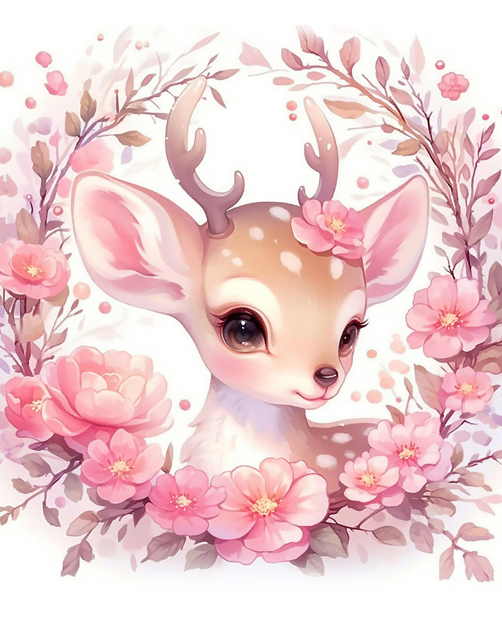 Pink blossom fawn portrait cross stitch kit for beginners
