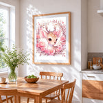 Pink blossom fawn portrait cross stitch artwork displayed on wall as home decor