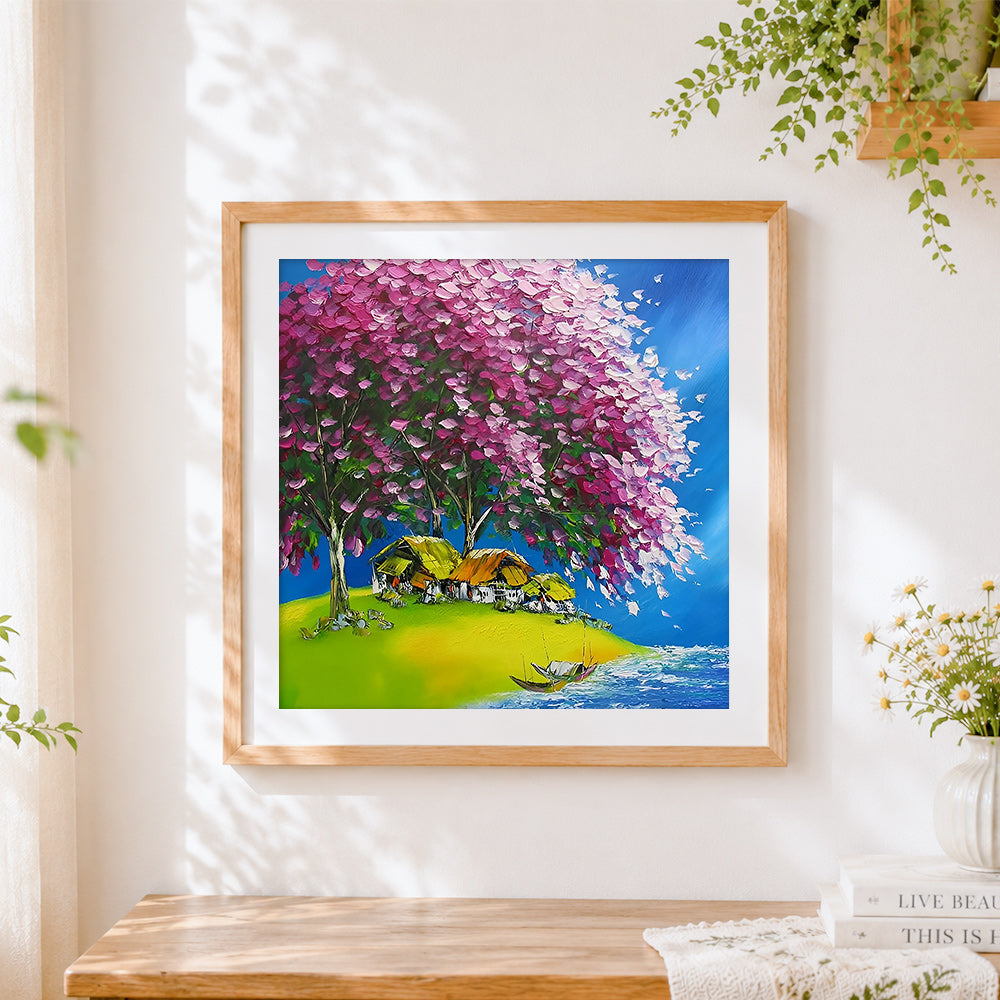 Finished pink blossom tree and lakeside village cross stitch artwork displayed