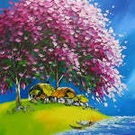 Pink blossom tree and lakeside village cross stitch kit for beginners