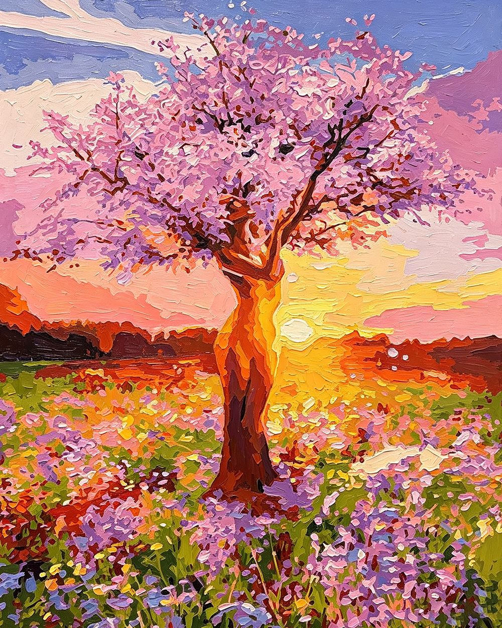 Pink blossom tree at sunset cross stitch kit for beginners