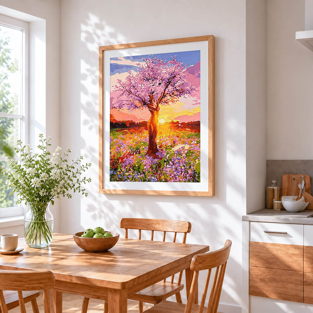Pink blossom tree at sunset cross stitch artwork displayed on wall as home decor