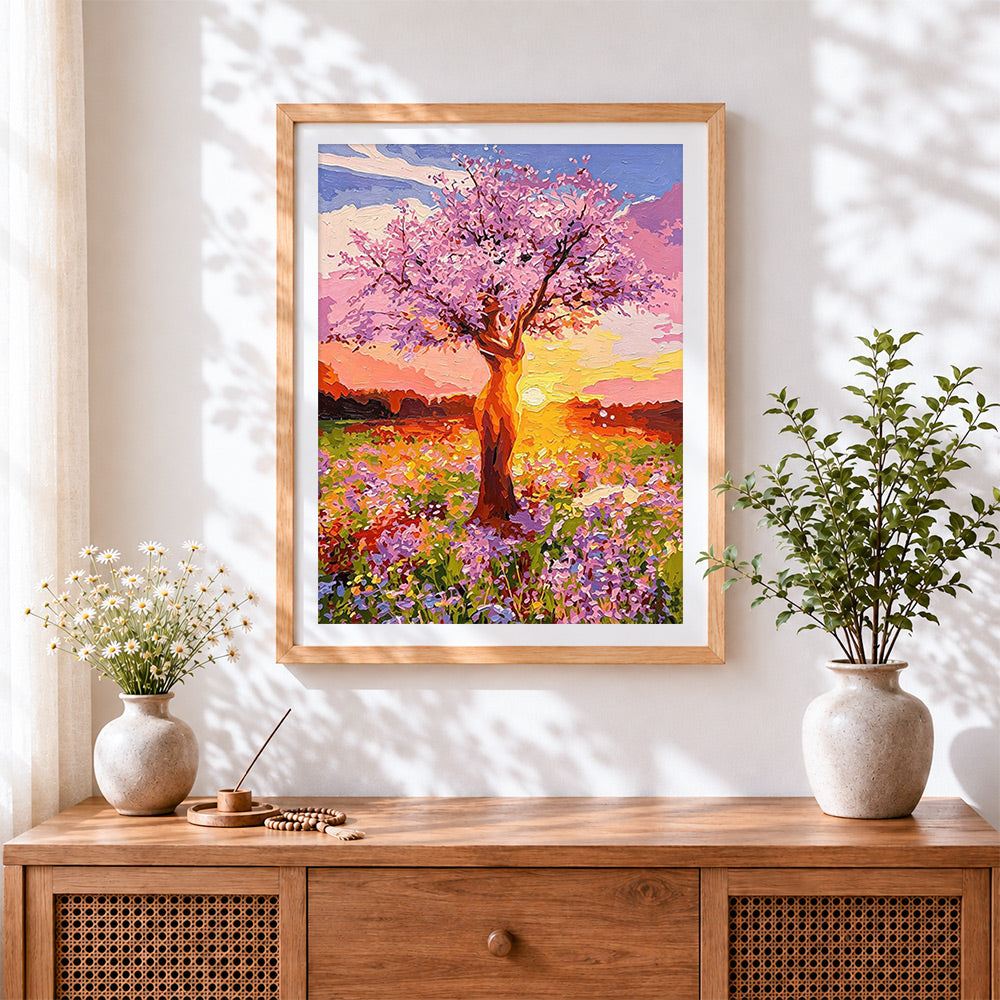 Finished pink blossom tree at sunset paint by numbers artwork displayed as home decor