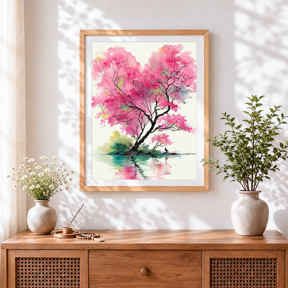 Finished pink blossom tree by the water cross stitch artwork displayed
