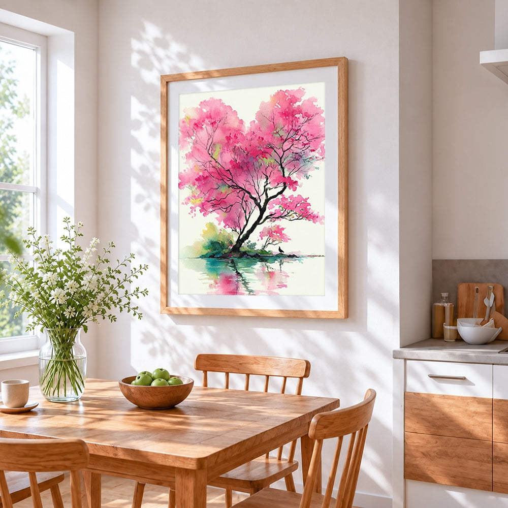 Pink blossom tree by the water cross stitch artwork displayed on wall as home decor