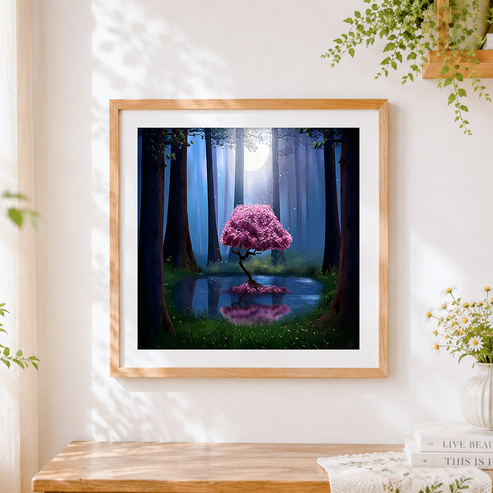 Finished pink blossom tree in moonlit forest cross stitch artwork displayed
