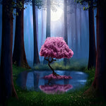 Pink blossom tree in moonlit forest cross stitch kit for beginners