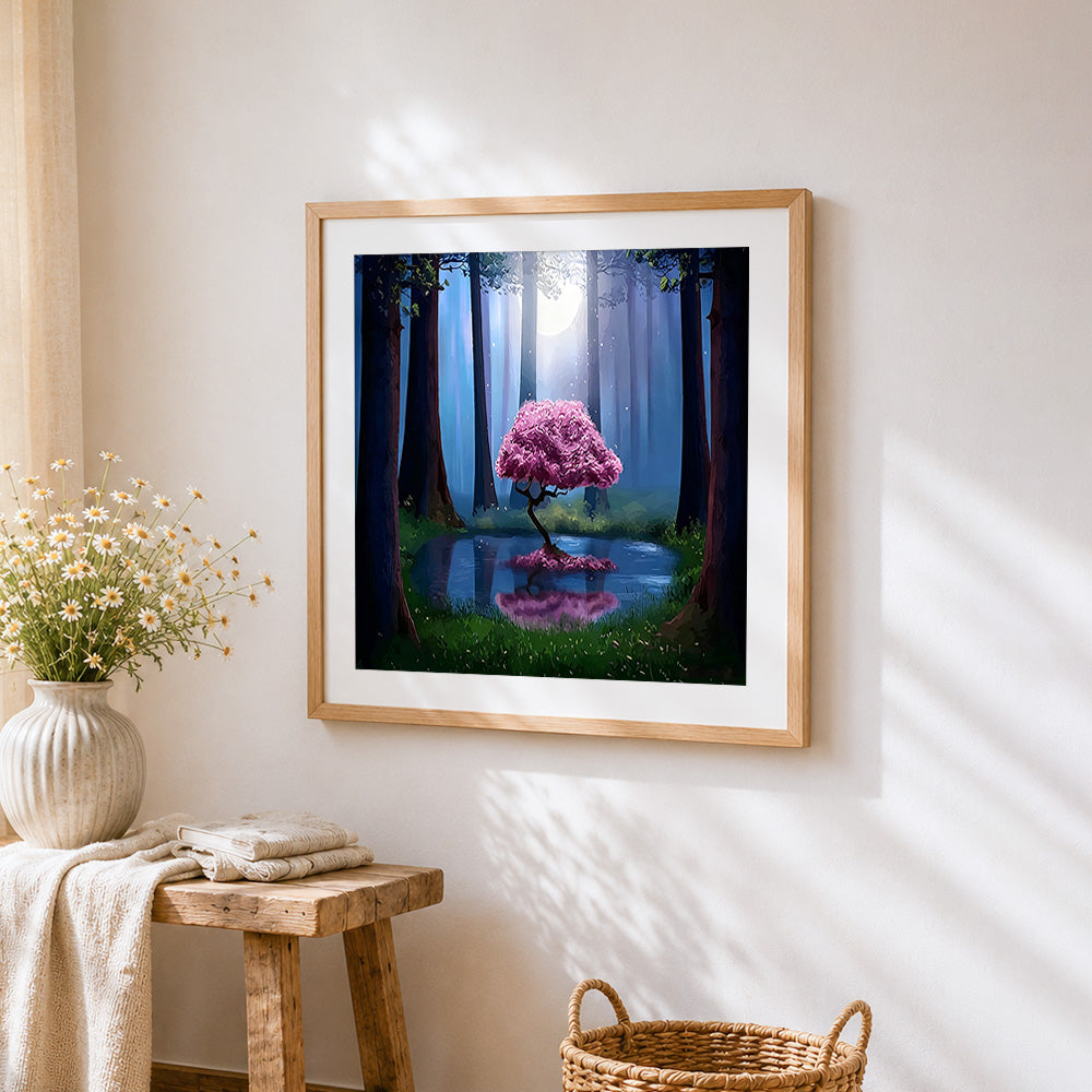 Pink blossom tree in moonlit forest cross stitch artwork displayed on wall as home decor