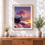 Finished pink blossom tree on cliff cross stitch artwork displayed