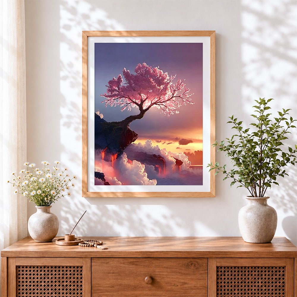 Finished pink blossom tree on cliff cross stitch artwork displayed